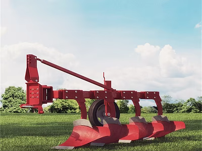 Red Agricultural Industrial Equipment Plow With Metal Frame And Green Grass Field Background 3d model
