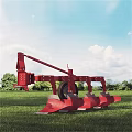Red Agricultural Industrial Equipment Plow With Metal Frame And Green Grass Field Background