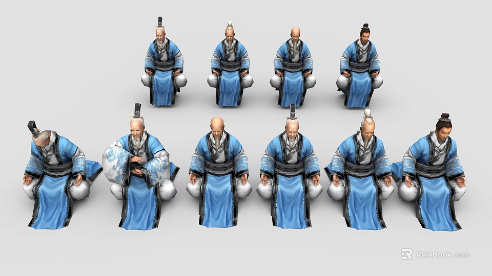 Ancient Style Game and Movie Characters in Blue Robes with Traditional Hats 3d model 