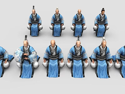 Ancient Style Game and Movie Characters in Blue Robes with Traditional Hats 3d model