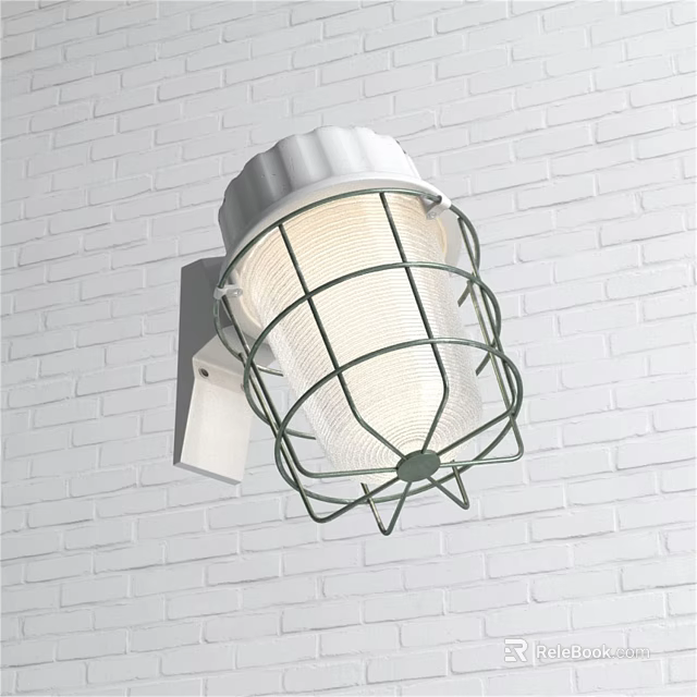 White Wall Lamp With Green Metal Cage Mounted On White Brick Wall 3d model 