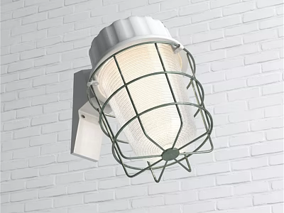 White Wall Lamp With Green Metal Cage Mounted On White Brick Wall 3d model