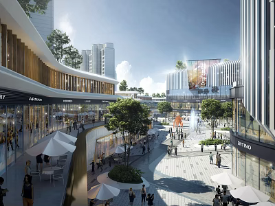 Modern Commercial Street With Pedestrians Shops Greenery Outdoor Fountains And Umbrellas 3d model
