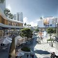 Modern Commercial Street With Pedestrians Shops Greenery Outdoor Fountains And Umbrellas
