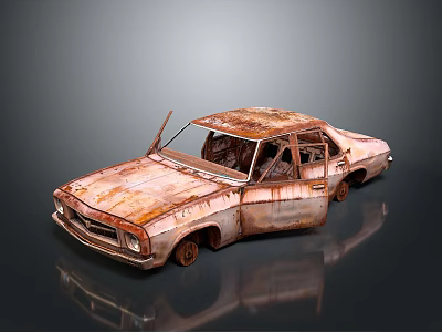 Rusty Old Sedan With Weathered Body And Open Doors On Dark Surface 3d model