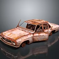 Rusty Old Sedan With Weathered Body And Open Doors On Dark Surface 3d model