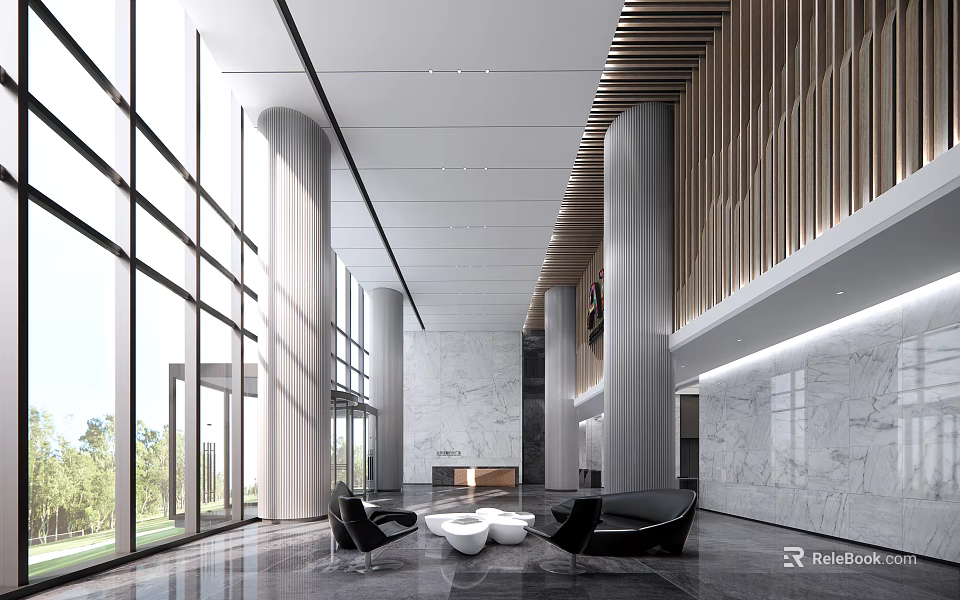 Modern Front Desk Reception Lobby With Marble Wall Columns Leather Sofas And Large Windows 3d model