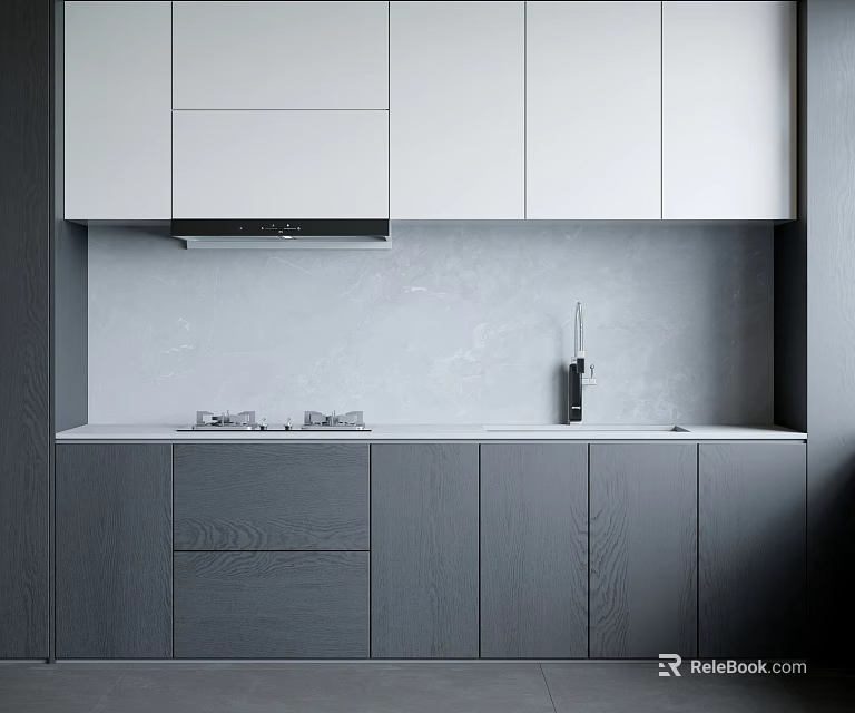 Modern Kitchen Interior With Gray And White Cabinets Sleek Countertop And Backsplash 3d model