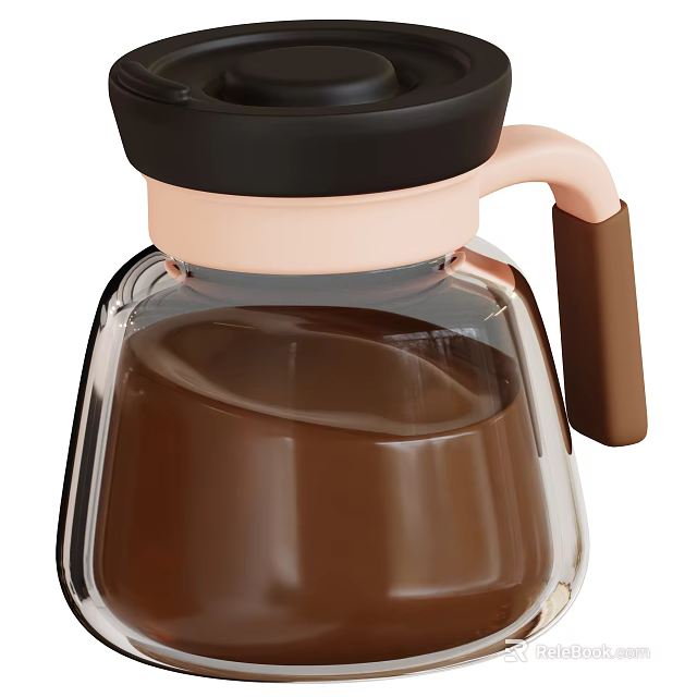 Transparent Glass Condiment Bottle With Brown Liquid Black Lid Pink Ring And Brown Handle 3d model 