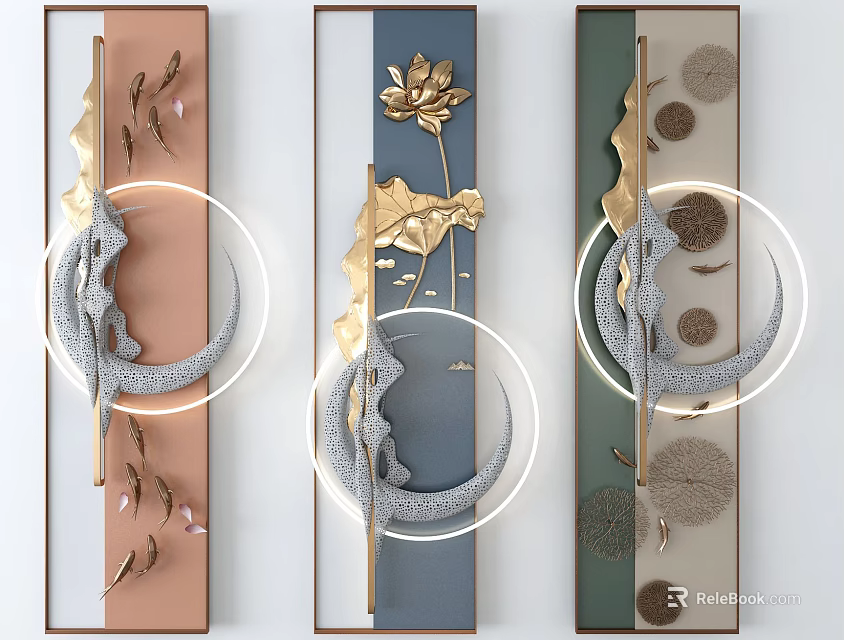 Three Piece Artistic Wall Decor With Lotus And Circular Elements 3d model
