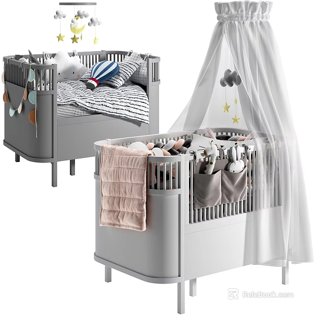 Gray Baby Crib With White Canopy Stars Soft Blanket And Storage Pockets 3d model 