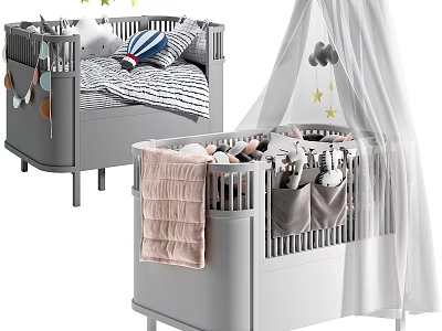 Gray Baby Crib With White Canopy Stars Soft Blanket And Storage Pockets 3d model