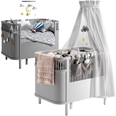 Gray Baby Crib With White Canopy Stars Soft Blanket And Storage Pockets 3d model