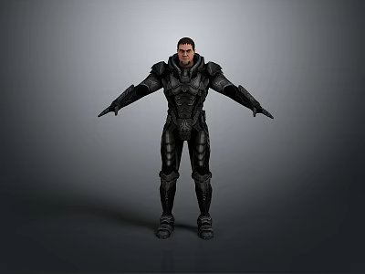 Male Character in Black Armor with Outstretched Arms Against Gray Background 3d model