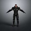Male Character in Black Armor with Outstretched Arms Against Gray Background