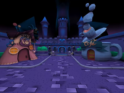 Cartoon Fantasy Castle Scene with Towers Cup Shaped Cafe Shop and Purple Cobblestone Path 3d model