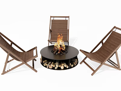 Wooden Outdoor Chairs Arranged Around Fire Pit With Burning Flame And Stacked Logs 3d model