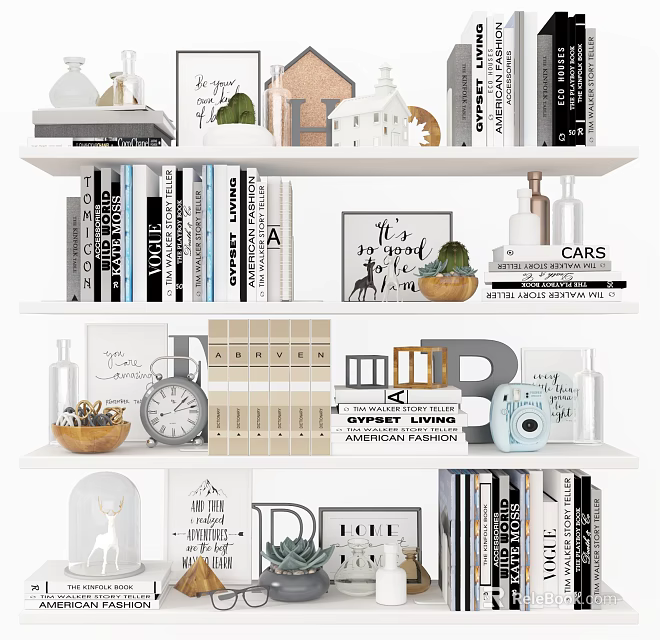 Stylish Home Bookshelf Arrangement With Books Magazines And Decorative Pieces 3d model 