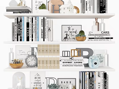 Stylish Home Bookshelf Arrangement With Books Magazines And Decorative Pieces 3d model