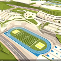 Modern School Campus Buildings with Green Surroundings Sports Field Track and Facilities