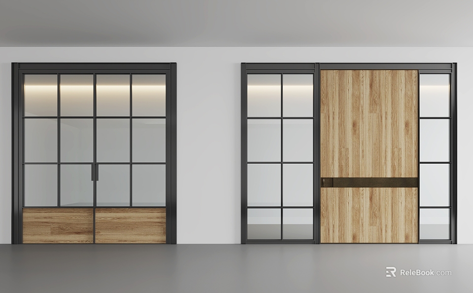 Modern Interior Double Doors With Wooden Panels Glass Panes And Black Frames 3d model 