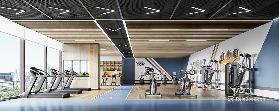 Spacious Gym Interior With Treadmills Exercise Bikes Keep Moving Slogans Wooden Ceiling And Blue Flooring 3d model 