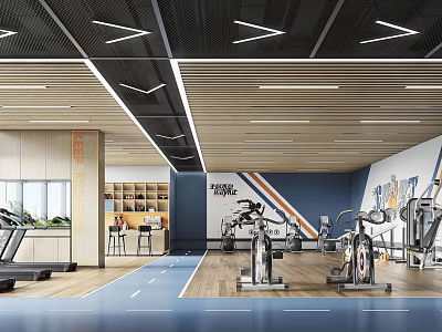 Spacious Gym Interior With Treadmills Exercise Bikes Keep Moving Slogans Wooden Ceiling And Blue Flooring 3d model