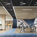 Spacious Gym Interior With Treadmills Exercise Bikes Keep Moving Slogans Wooden Ceiling And Blue Flooring