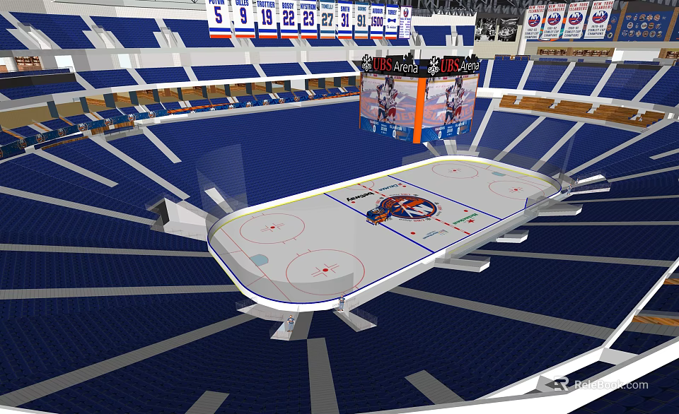 Modern Ice Hockey Arena With Blue Seats Scoreboard And Fitness Training Space 3d model 