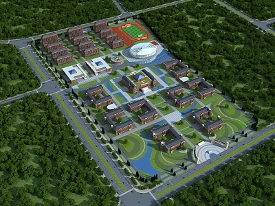 Aerial View Of School Campus With Modern Buildings Green Spaces And Sports Facilities 3d model