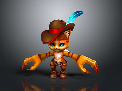 Cartoon Cat Character With Brown Cowboy Hat Blue Feather And Open Orange Claws 3d model