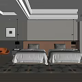 Hotel Guest Room With Twin Beds Gray Walls Wooden Headboards Decorative Painting And Window Carpet