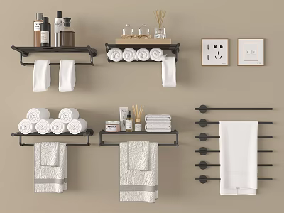 Stylish White Bath Towels on Black Racks with Rolled Towels and Bathroom Accessories 3d model
