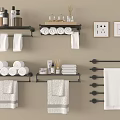 Stylish White Bath Towels on Black Racks with Rolled Towels and Bathroom Accessories
