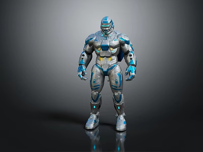 Sci-Fi Robot Character In Blue Silver Armor With Mechanical Details And Glowing Elements 3d model