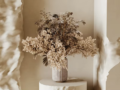 Dried Flowers in Gray Striped Vase on White Round Pedestal with Beige Wall and Wavy Decor 3d model