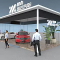Modern Exhibition Booth With Glass Structure Red White Cars Green Plants And Visitors