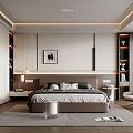 Modern Bedroom Interior With Bed Headboard Wall Framed Art Recessed Lighting Nightstands And Armchair