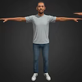 Man With Arms Outstretched Wearing Gray T-Shirt Blue Jeans And White Sneakers On Dark Background