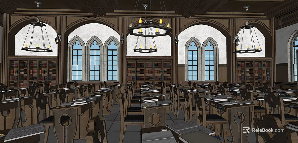 School Library Interior With Arched Windows Bookshelves Chandeliers And Wooden Tables 3d model 