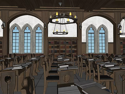 School Library Interior With Arched Windows Bookshelves Chandeliers And Wooden Tables 3d model