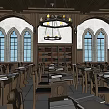 School Library Interior With Arched Windows Bookshelves Chandeliers And Wooden Tables