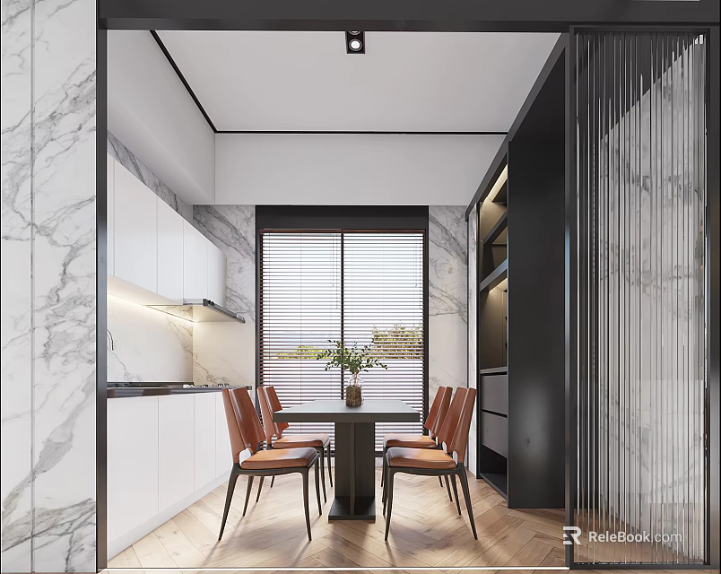 Modern Restaurant Interior With Marble Walls Dining Table And Leather Chairs 3d model