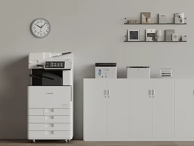 Modern Office Interior With Printer White Cabinets Wall Clock And Shelves 3d model