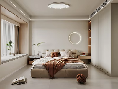 Modern Bedroom Interior Featuring Beige Bed Brown Blanket Round Mirror And Window Plant 3d model