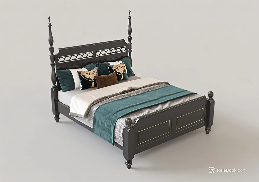 Dark Wooden Double Bed With Carved Headboard Pillars And Green Throw Blanket Pillows 3d model 