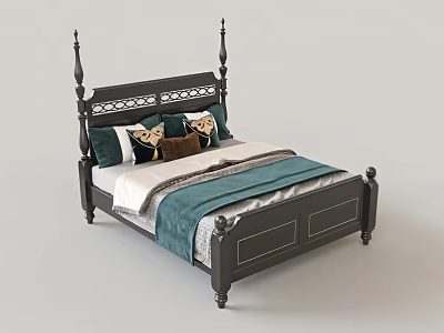 Dark Wooden Double Bed With Carved Headboard Pillars And Green Throw Blanket Pillows 3d model