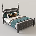 Dark Wooden Double Bed With Carved Headboard Pillars And Green Throw Blanket Pillows
