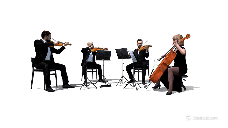 String Quartet Members Seated Playing Violins Viola And Cello With Music Stands 3d model 