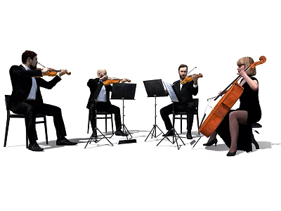 String Quartet Members Seated Playing Violins Viola And Cello With Music Stands 3d model String Quartet Members Seated Playing Violins Viola And Cello With Music Stands 3d model